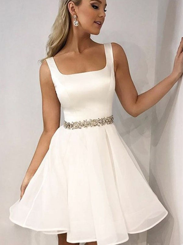 Vestidos cortos/mini de organza con tirantes, sin mangas y corte A con cuentas